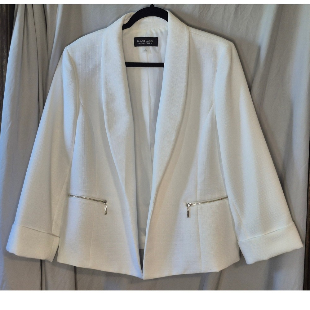 Black Label by Evan-Picone White Textured Open Front Blazer Shawl Collar Size 16